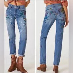 Pilcro Slim Boyfriend Distressed Floral Stamped Jeans - Medium Blue - Size 31